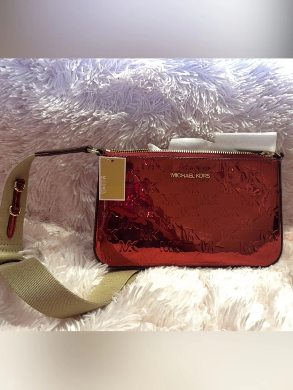 Michael Kors Red Metallic MK-Embossed Crossbody with Beige Strap